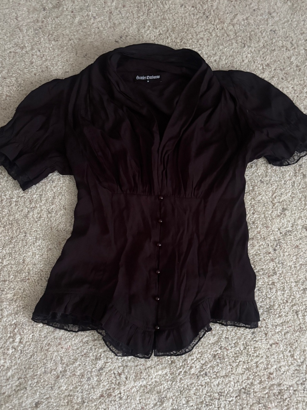 Women's med pleated Ruffled Blouse Black Puff Sleeve Lace Gothic Victorian VG+